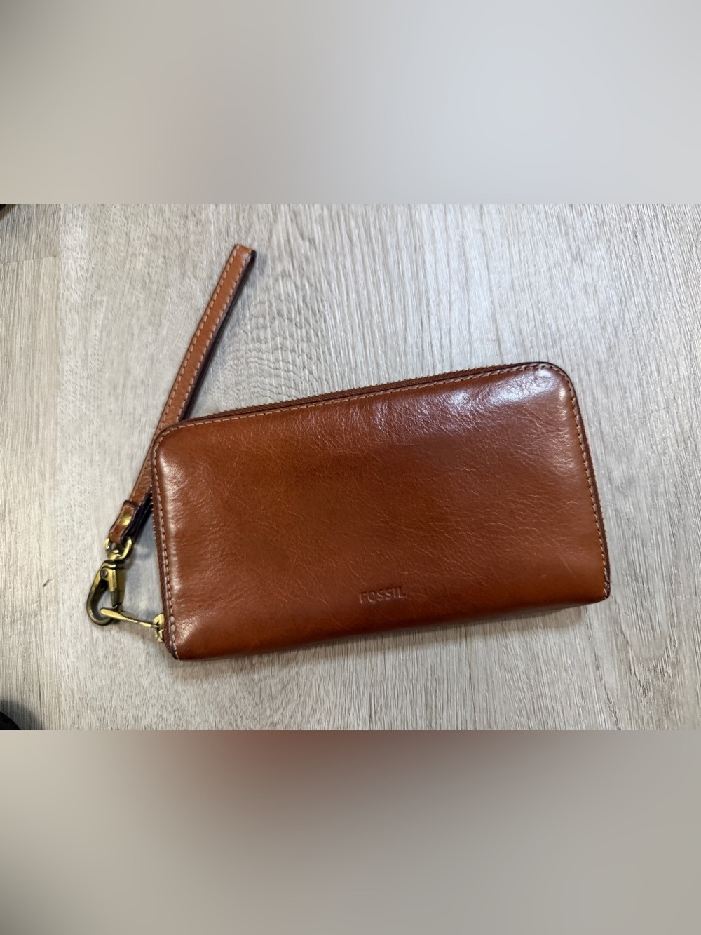 Fossil Cognac Brown Leather Zip Wallet